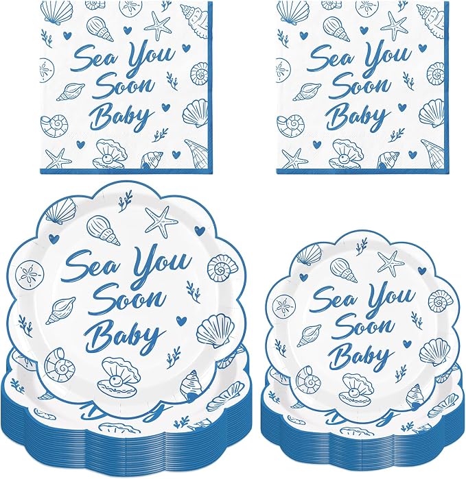 Whaline 72Pcs Sea You Soon Baby Tableware, Plate Napkin Set, Serves 24 | 9" & by Whaline