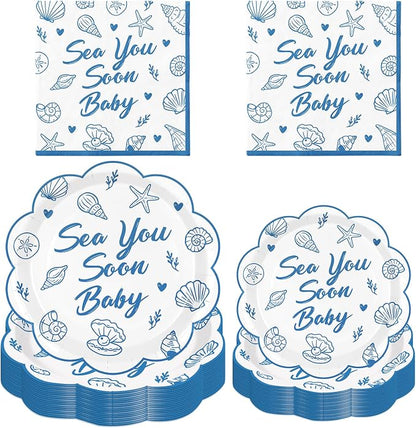 Whaline 72Pcs Sea You Soon Baby Tableware, Plate Napkin Set, Serves 24 | 9" & by Whaline