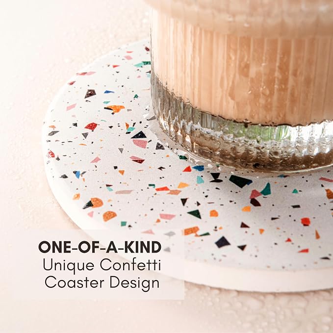 Terrazzo Coasters Set of 6, Colorful Boho Absorbent Ceramic Coasters | Speckled - Image 4