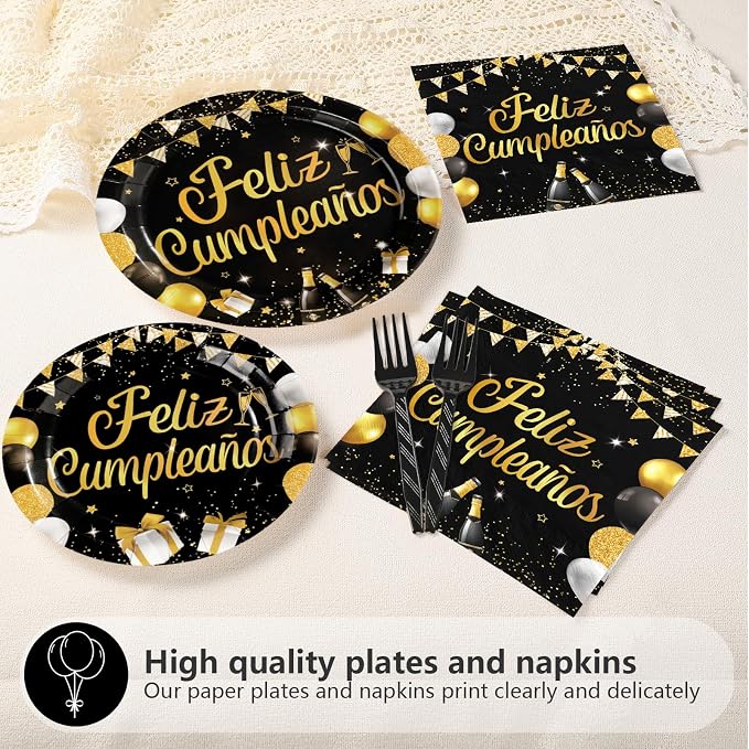 96 Pcs Feliz Cumpleaños Black and Gold Decorations, Serves 24 | Feliz - Image 3