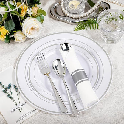 WELLIFE 350Pcs Silver Plastic Plates for 50 Guests - Disposable Dinnerware Set, Christmas Party Supplies Includes 100 Silver plates,150 Silverware,50 Napkins,50 Cups,Christmas Plates Disposable