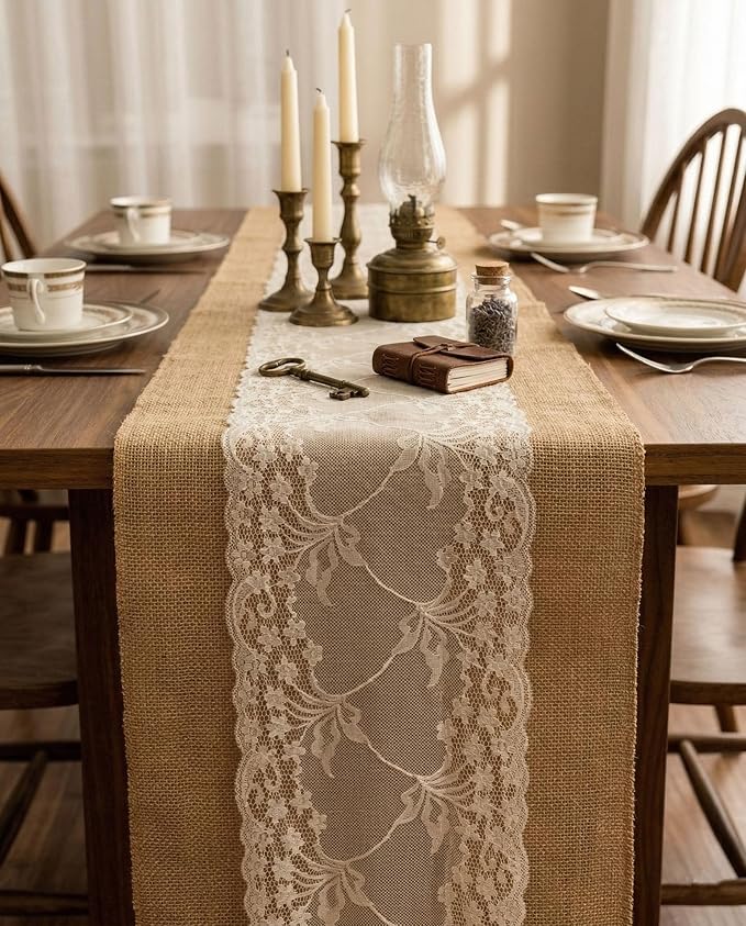 Burlap Table Runner with Lace, Rustic Farmhouse Table Runners - Image 8
