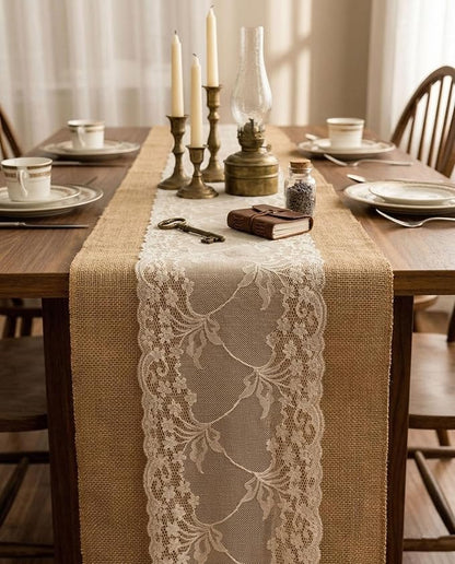 Burlap Table Runner with Lace, Rustic Farmhouse Table Runners - Image 8