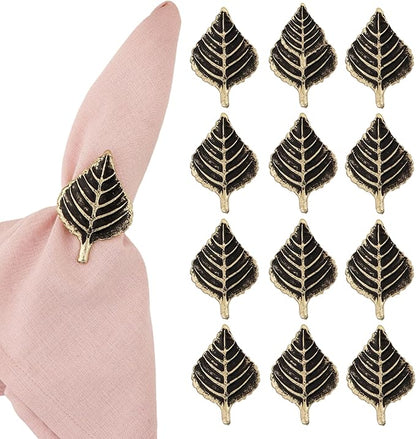 ALPHA Living HOME Set of 12 Napkin Rings for Farmhouse Decor Premium Metal Leaf Dinnerware Napkin Holders Thanksgiving, Christmas, and Easter Table Setting (Antique Gold)