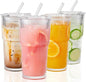 Wells 20oz Glass Cups with Lids and Straws, Ribbed Iced Coffee Cups, Thickened by Wells