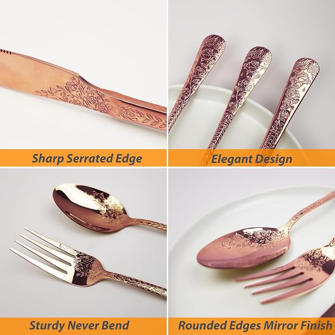 Runfly Modern Carved Floral Rose Gold Stainless Steel 20-Piece Flatware Set | - Image 2