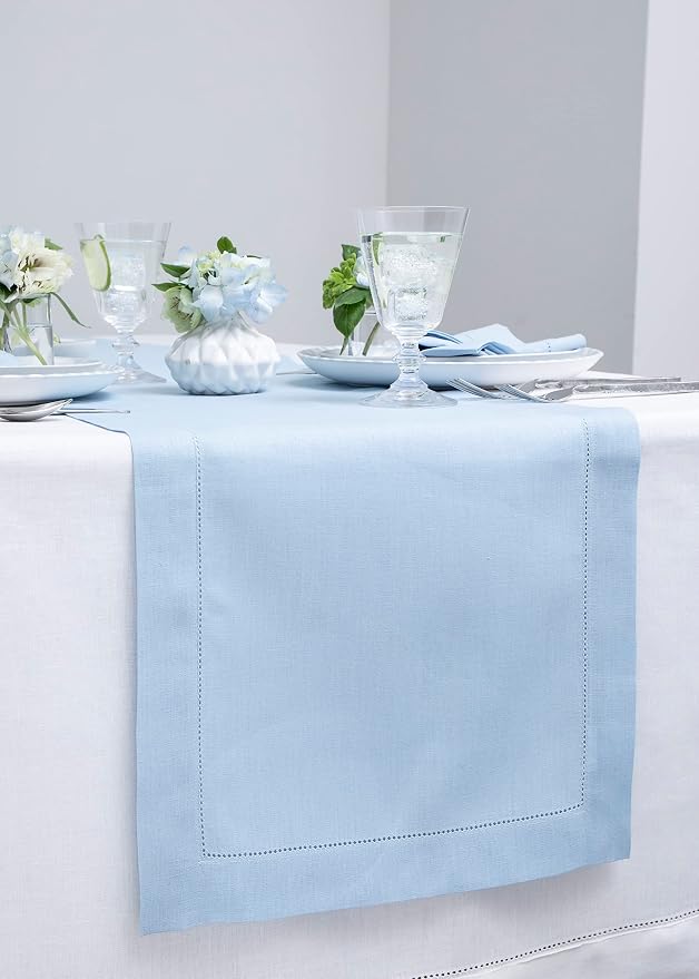 Solino Home 100% Pure Linen Table Runner Sky Blue Hemstitch, 14 x 72 in | - Image 2