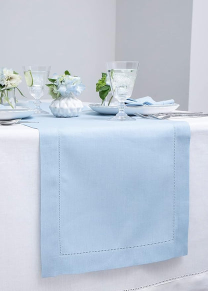 Solino Home 100% Linen Table Runner Sky Blue, Classic Hemstitch 14 x 132 in | - Image 2