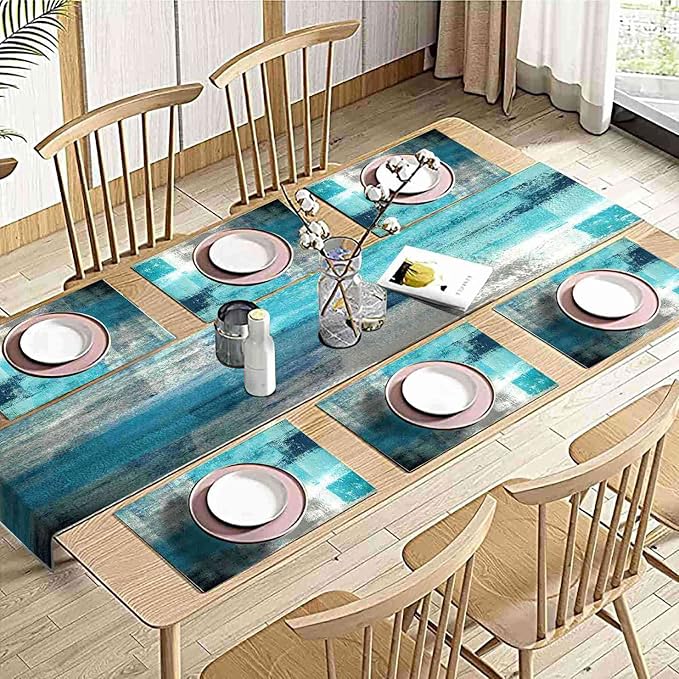 Teal Blue Abstract Table Runner and Place Mats Set of 6 Turquoise Teal - Image 5
