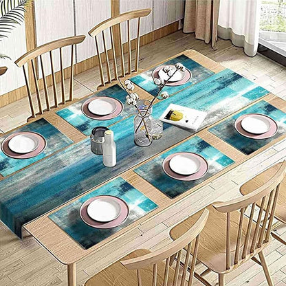 Teal Blue Abstract Table Runner and Place Mats Set of 6 Turquoise Teal - Image 5