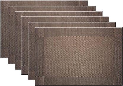Placemats Washable Easy to Clean PVC Placemat for Kitchen Table Heat-resistand Woven Vinyl Table Mats 12x18 inches Set of 6 （Brown）