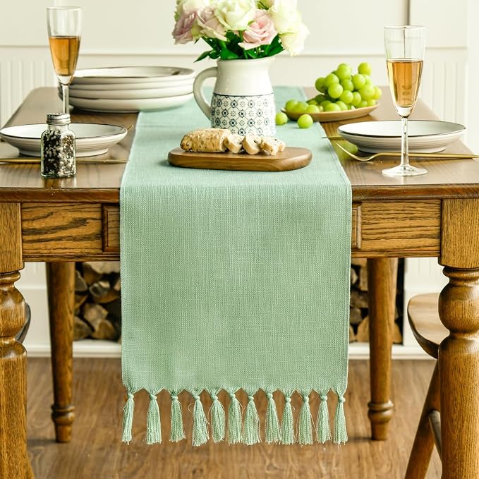 Artoid Mode Sage Green Tassel Table Runner, Spring Linen Blend Rustic Farmhouse - Image 3