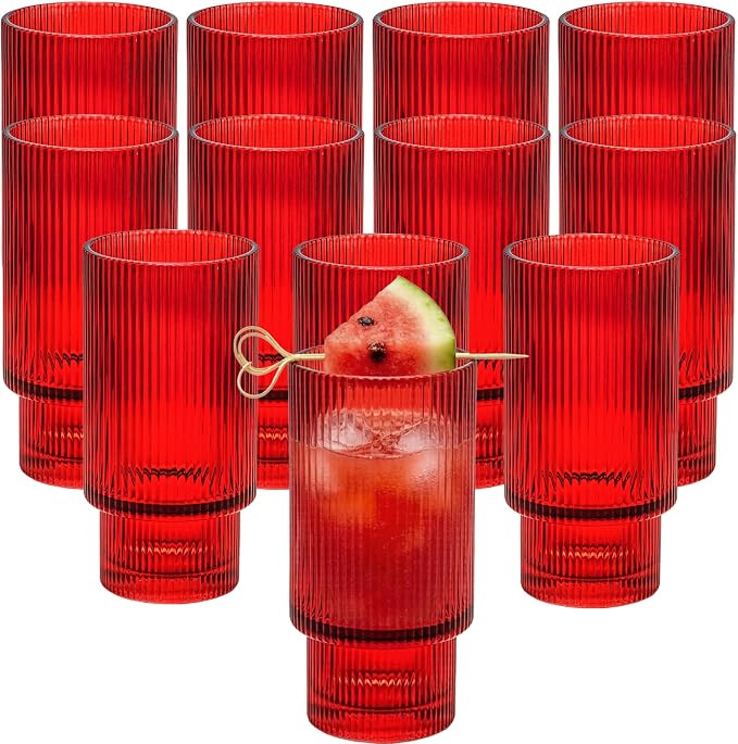 XKXKKE 12 oz Ribbed Drinking Glasses Set of 12, Highball Glass Cups Ridged by XKXKKE