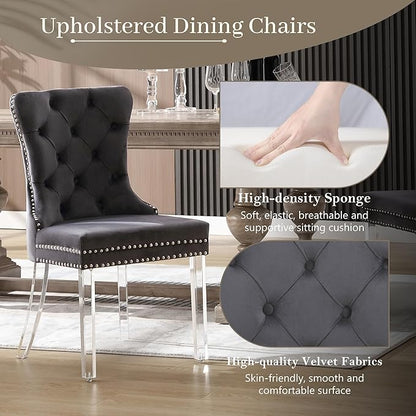 KCC Velvet Dining Chairs Set of 4, Upholstered Tufted Wingback Dining Room Chair with Nailhead Back Ring Pull Trim Solid Acrylic Legs, Contemporary Nikki Collection Style for Kitchen, Grey