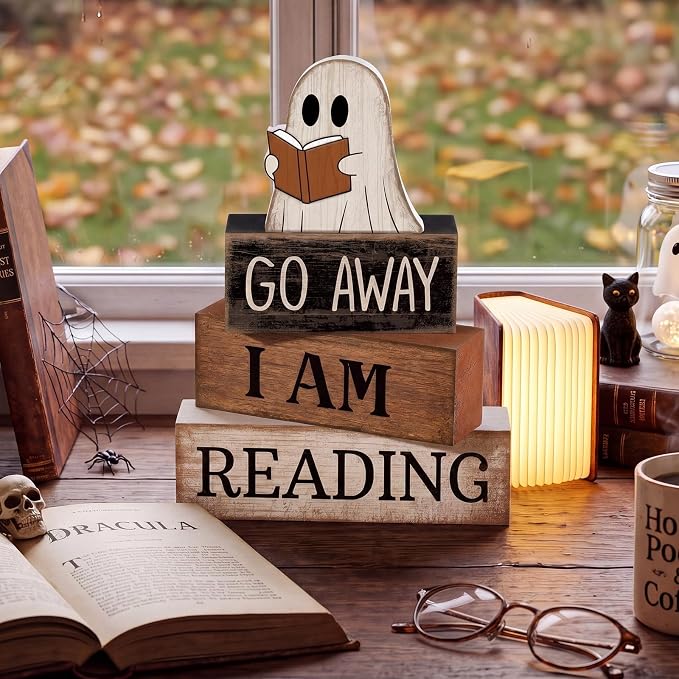 Moucuny 4 Pcs Halloween Table Decoration Wooden Ghost Reading Stacked Block - Image 7