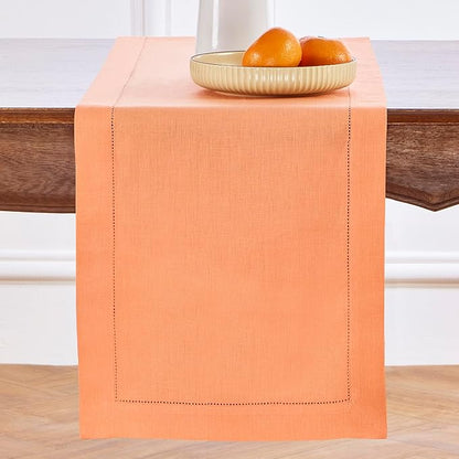 Solino Home Linen Coral Hemstitch Table Runner 60 Inches - 100% Pure Linen Small Table Runner 14 x 60 Inch Ideal for Dresser and Coffee Tables, Valentines, Spring, Easter - Classic Hemstitch