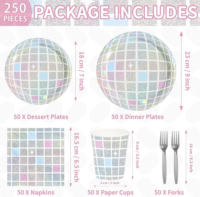 250Pcs Disco Party 70s Disco Party Supplies, Serves 50 | Pink Silver Disco Ball - Image 2