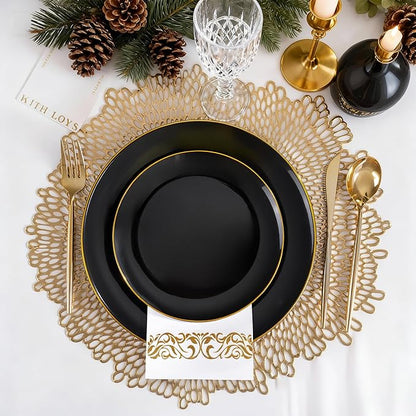 MirthMood 210Pcs Black and Gold Disposable Plates,Black Plates, Black and Gold Plates Include 30 Dinner,Dessert Plate,30 Cup&30 Napkins, 90 Gold Silverware for Wedding & Party & Birthday & New Year
