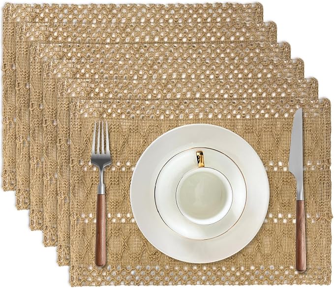 Burlap Placemats Set of 6, 12x18 Inch Natural Cotton Jute and Kitchen Woven by Niviy