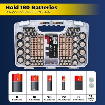 Ontel Battery Daddy Storage & Organizer Case with Tester, Stores & Protects Up to 180 Batteries, Double-Sided, Durable Design with Clear Locking Lid, Secure Latches & Portable Carrying Handle - White
