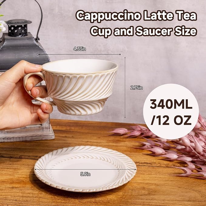 Ceramic Latte Cup with Saucer, 12 OZ Cappuccino Cup Vintage Cafe Art Cups - Image 3