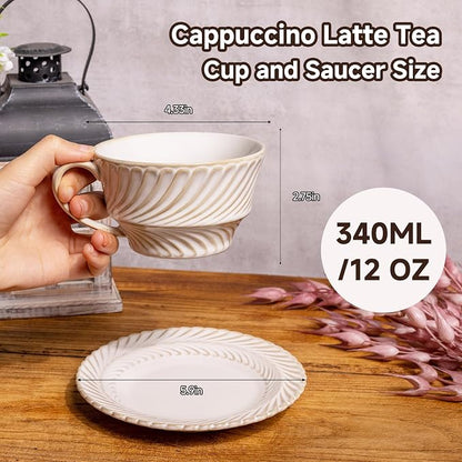 Ceramic Latte Cup with Saucer, 12 OZ Cappuccino Cup Vintage Cafe Art Cups - Image 3