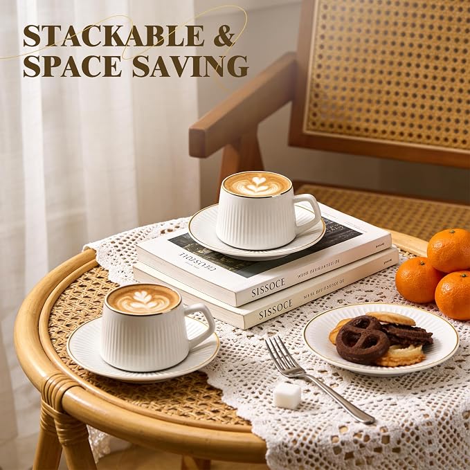 3oz Coffee Cup Set of 6 with Saucers, Porcelain Coffee Cups with Handles - Image 6