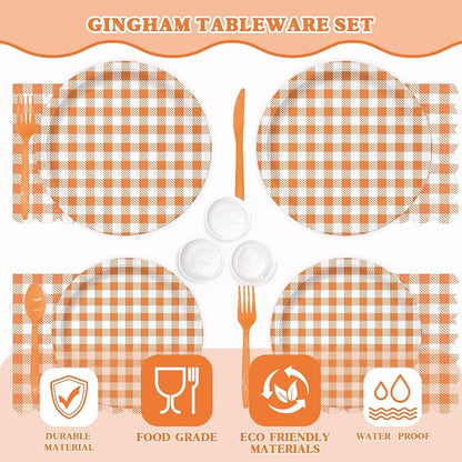 Vyntra 350 Pcs Orange & White Checkered Gingham Paper Plates and Napkins Set - Image 5