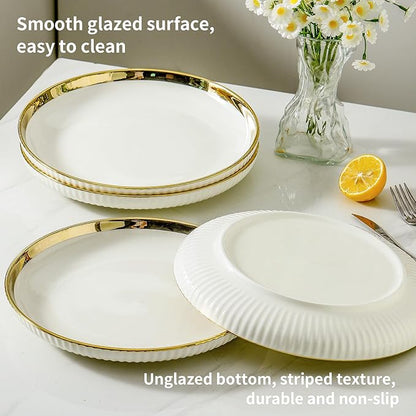 LETAOTAO Dinner Plates, Ceramic dinner Plate Set of 4, 10 inch White Serving Plates with gold trim, Stripe Texture Back, Large Pasta and Salad Plates, Dishes Set with Lipped Edges for Kitchen