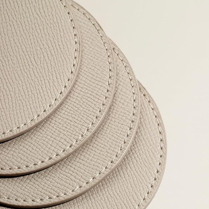 OLETHA Aesthetic Round Drink Coasters, Ivory | Faux leather coasters - Image 4