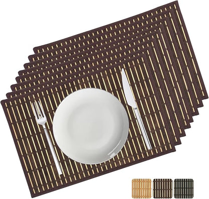 ANDSTAR Set of 8 Pcs Bamboo Placemats with Fabric Border Sushi Rolling Mat Japanese Style Natural Anti-Slip Bamboo Placemats Washable Heat-Resistant Table Mats for Dining Room and Kitchen（Brown）