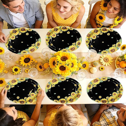 50Pcs Sunflower Bee Paper Oval Paper Plates 10" x 12" Large Disposable Heavy Duty Black Yellow Sunflower Bumble Bee Plates Dessert Platters for Spring Birthday Bridal Baby Shower Party Decorations