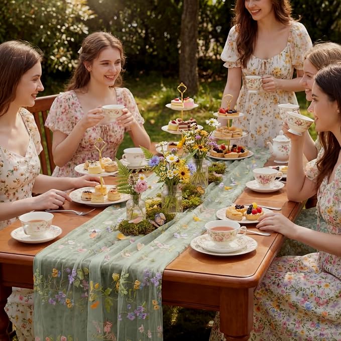 Sage Green Floral Table Runner 10ft Embroidery Tulle Spring Wildflower Gauze - Image 5