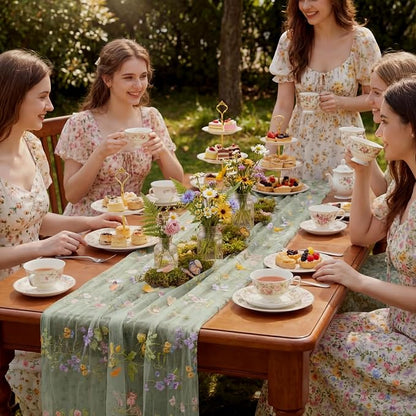 Sage Green Floral Table Runner 10ft Embroidery Tulle Spring Wildflower Table - Image 6