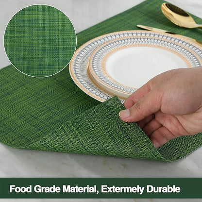 SLKQG Green Placemats Set of 8 - Wipe Clean Vinyl Placemats - Washable Heat Resistant PVC Placemats for Dining Table - 17x12 Inch (Green, 8)