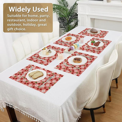 Cherry Berry Flowers Placemats Set of 6 Linen Washable, Heat-Resistant 12x18 Inch Table Place Mats for Kitchen Dining for Home Party Holidays