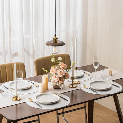 Jovono 15" Faux Leather Big Round Placemats Set of 6 - Washable Heat Resistant Non-Slip Dining Table Mats with Fabric Texture for Kitchen Home Party Wedding Decor, Silver