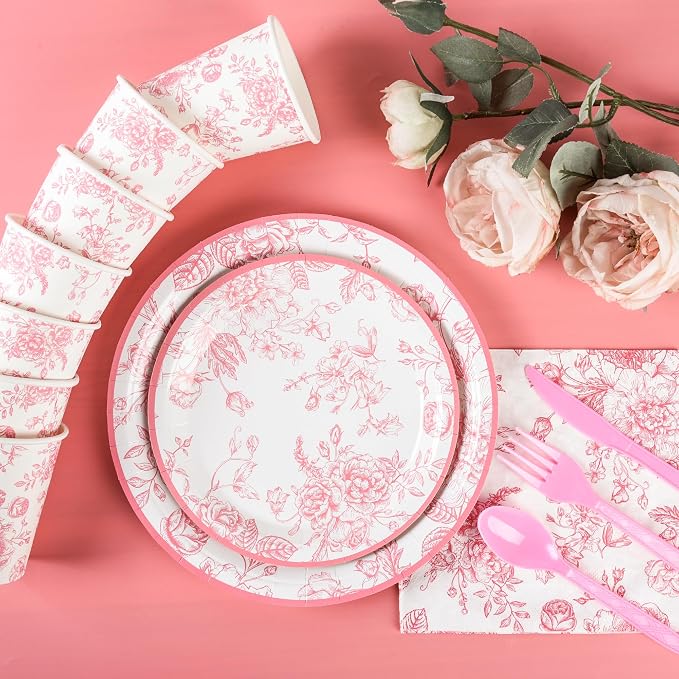 175Pcs Pink Floral Paper Plates and Napkins 25 Guests Pink White Toile - Image 5