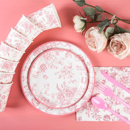 175Pcs Pink Floral Paper Plates and Napkins 25 Guests Pink White Toile - Image 5