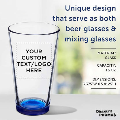 DISCOUNT PROMOS Custom Beer Pint Glasses 16 oz. Set of 10/50/100, Personalized Bulk Pack - Heavy Duty Glassware for Restaurant, Thick Base and Walls, Stackable - Blue