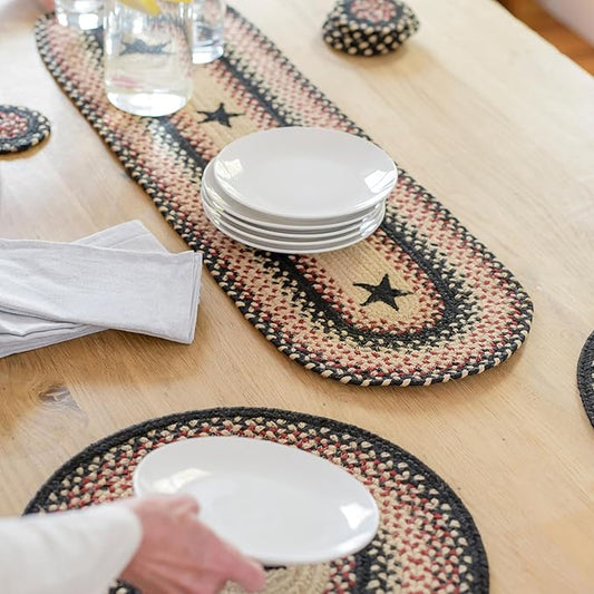 Homespice Primitive Star Gloucester Jute Braided Table Runner, Warm Primitive Decor, Set of 2, Black and Red Oval 8x28 - Rich Colors, Easy to Clean, Durable and Protects Furniture