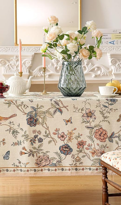 ISAENNE Designer French Light Beige Extra Long Rectangle Tablecloth,Linen Florals and Birds Pattern Table Cloth,Durable Decorative Tablecloths for Dining Thanksgiving Kitchen,63"*110"-Cornucopia