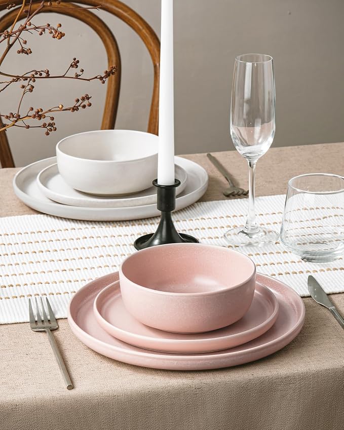 Famiware Milkyway 12-Piece Dinnerware Set, Matte Beige White & Light Pink | - Image 3