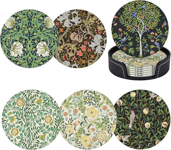 Vintage Floral Art Leather Drinks Coasters by Unknown