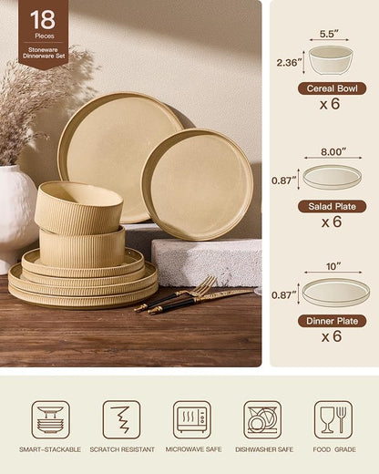 Dinnerware Set for 6, Ceramic Ribbed Plates, Dishes | 18-Piece Stoneware Dinner - Image 8