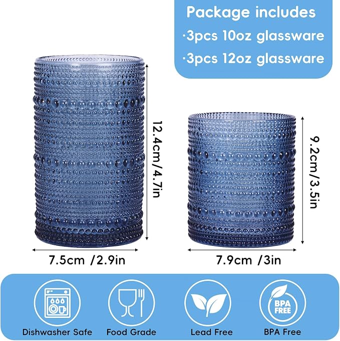 Moretoes Blue Hobnail Drinking Glasses Set of 6, Vintage Glass Cups | 12 Oz - Image 3