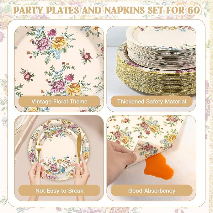 180Pcs Vintage Floral Party Supplies Paper Plates and Napkins Serve 60 | - Image 3
