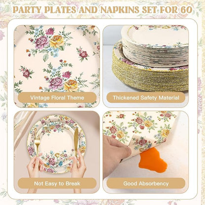180Pcs Vintage Floral Party Supplies Paper Plates and Napkins Serve 60 | - Image 3