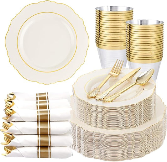 Liacere 350PCS Ivory Plastic Plates - Cream Disposable Plates With Gold Rim - 50Guest Baroque Plastic Dinnerware include 100 Plates - 50 Pack Pre Rolled Napkins Silverware 50Cups for Wedding＆Easter