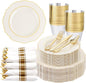 Liacere 350PCS Ivory Plastic Plates - Cream Disposable Plates With Gold Rim - 50Guest Baroque Plastic Dinnerware include 100 Plates - 50 Pack Pre Rolled Napkins Silverware 50Cups for Wedding＆Easter
